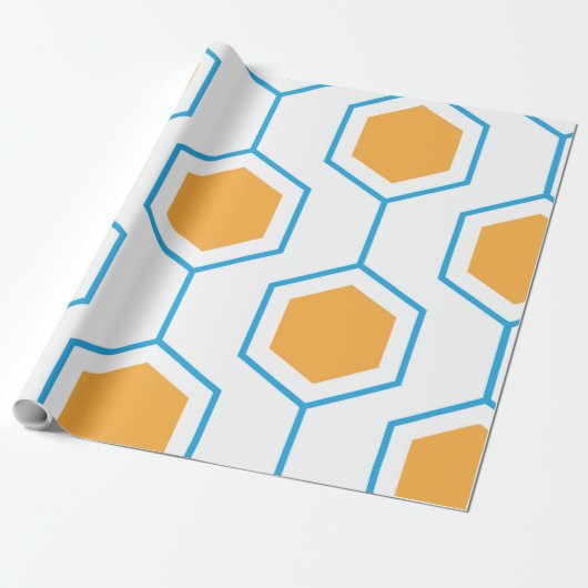 Abstract hexagon geometrisch patroon in oranje blu cadeaupapier (Uitgerold)