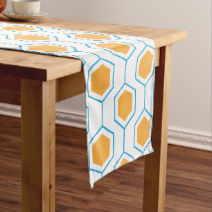 Abstract hexagon geometrisch patroon in oranje blu korte tafelloper