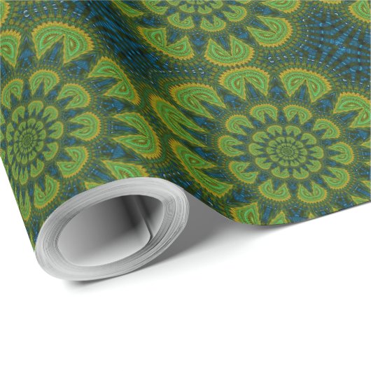 Abstract Hippie Groen & Marineblauw Bloemen Etnisc Cadeaupapier (Rol Hoek)