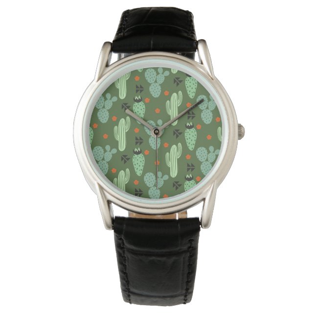 Abstract Hipster Cactus Desert Patroon Horloge (Voorkant)