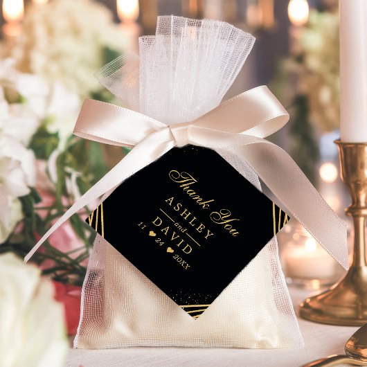 Abstract huwelijk met zwarte en goudgeometrie bedankjes labels