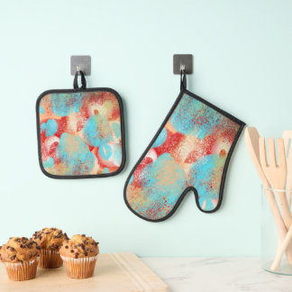 Abstract in Aqua-Blauw, Rood en Geel Ovenwant & Pannenlap Set