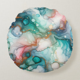 Abstract in roze, turkoois, blauw en goud rond kussen