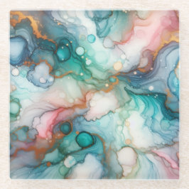 Abstract in roze, turquoise, blauw en goud glazen onderzetter