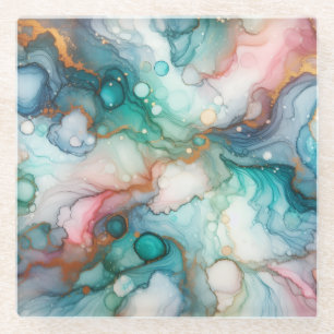 Abstract in roze, turquoise, blauw en goud glazen onderzetter