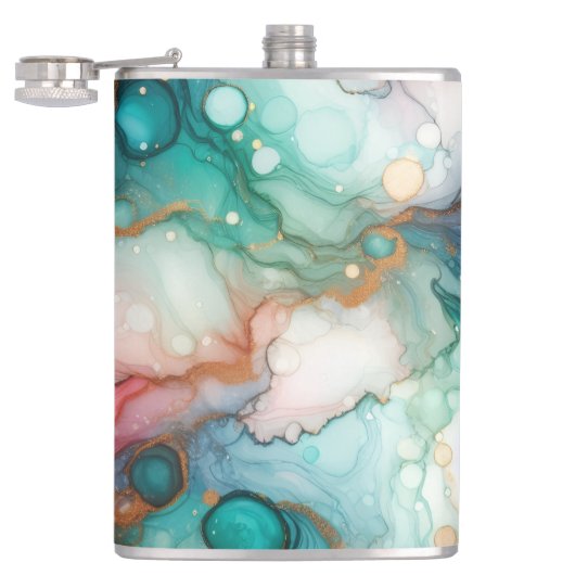 Abstract in roze, turquoise, blauw en goud heupfles (Geopend)