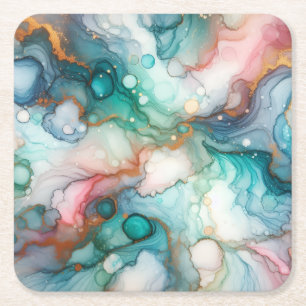 Abstract in roze, turquoise, blauw en goud kartonnen onderzetters