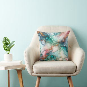 Abstract in roze, turquoise, blauw en goud kussen