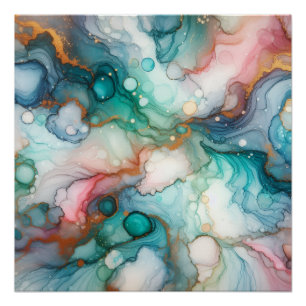 Abstract in roze, turquoise, blauw en goud perfect poster