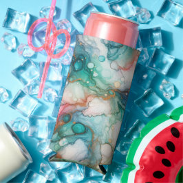 Abstract in roze, turquoise, blauw en goud seltzer blikjeskoeler