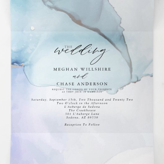 Abstract Indigo Lavender Aquamarine Ink Drieluik Uitnodiging (Binnenkant midden)