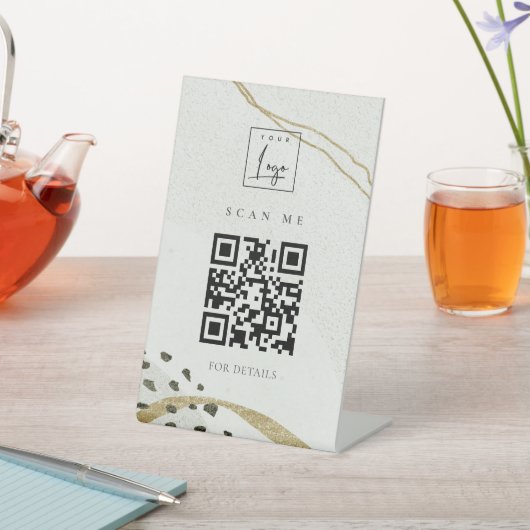 Abstract Ivory Gold Black Grey Stone QR Code Logo Reclamebord Met Voetstuk (Insitu)