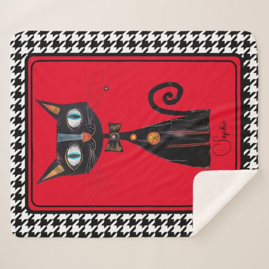 Abstract Kat Black Houndstooth Sherpa Deken (Voorkant (horizontaal))