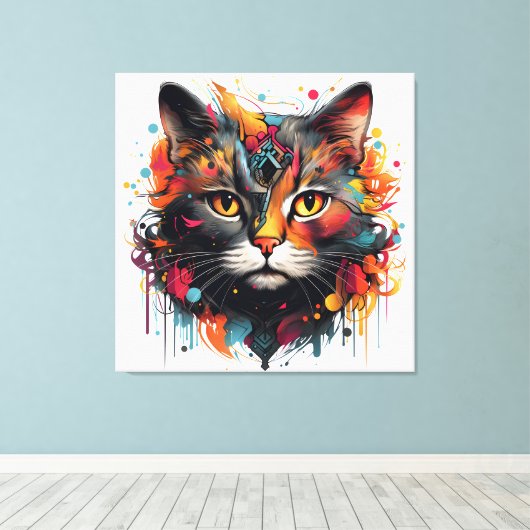 Abstract kattenschilderij - kleurrijke katachtige canvas afdruk (Insitu (Houten vloer))