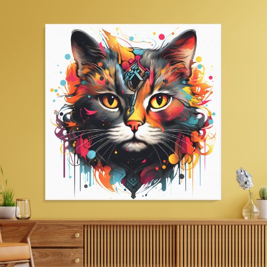 Abstract kattenschilderij - kleurrijke katachtige canvas afdruk (Insitu (Woonkamer))