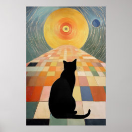 Abstract kattenschilderij - Zwarte kat en zon Poster