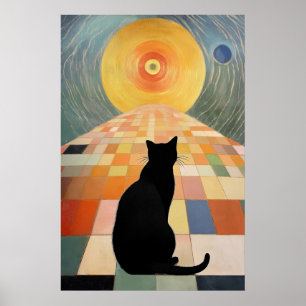 Abstract kattenschilderij - Zwarte kat en zon Poster