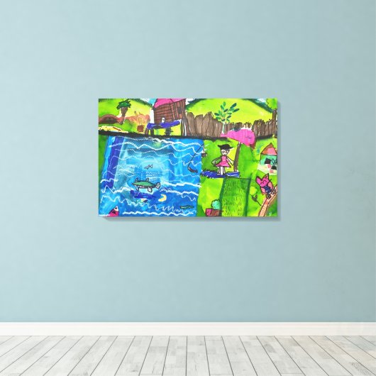 Abstract Kids Drawing Poolside Fun Canvas Afdruk (Insitu (Houten vloer))