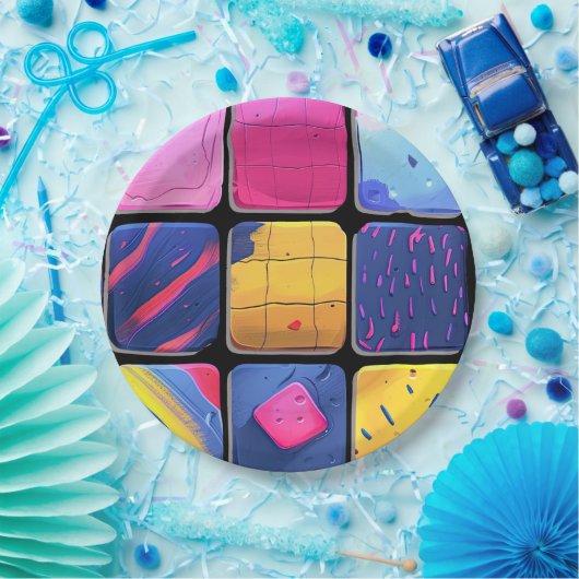 Abstract kleurrijk blokpatroon papieren bordje (Feest)