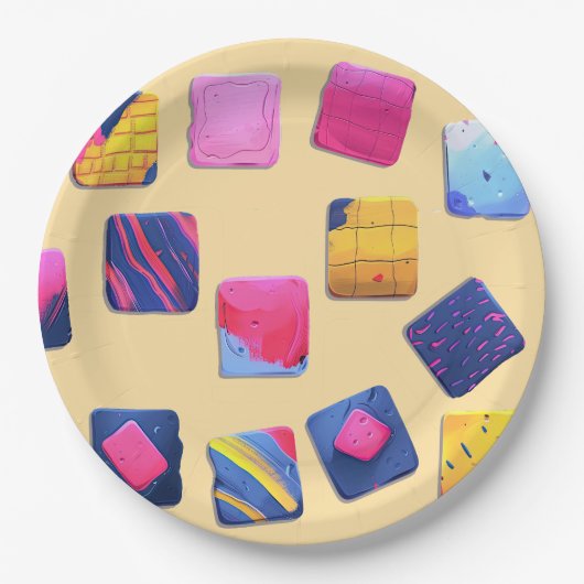 Abstract kleurrijk blokpatroon papieren bordje (Voorkant)