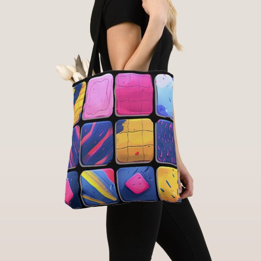 Abstract kleurrijk blokpatroon tote bag (Dichtbij)