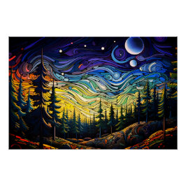 Abstract kleurrijk bosboom zonsondergang landschap perfect poster