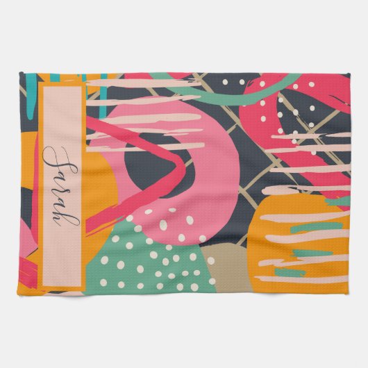 Abstract Kleurrijk Geometrisch Monogram Naam Ontwe Theedoek (Horizontaal)