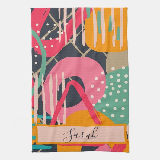 Abstract Kleurrijk Geometrisch Monogram Naam Ontwe Theedoek (Verticaal)