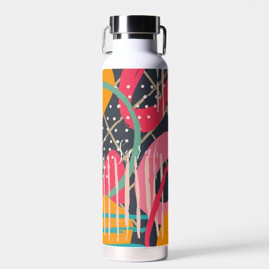Abstract Kleurrijk Geometrisch Monogram Naam Ontwe Waterfles (Voorkant)