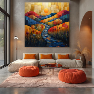 Abstract Kleurrijk Landschap met Rivier en Levendi Canvas Afdruk