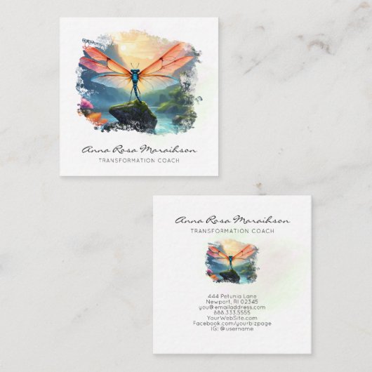 *~* Abstract Kleurrijk schilderij Lotus Dragonfly Vierkante Visitekaartje (Voorkant / Achterkant)