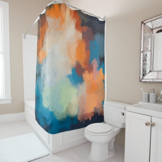 Abstract, kleurrijk, schilderij, terracotta, blauw douchegordijn (In situ)