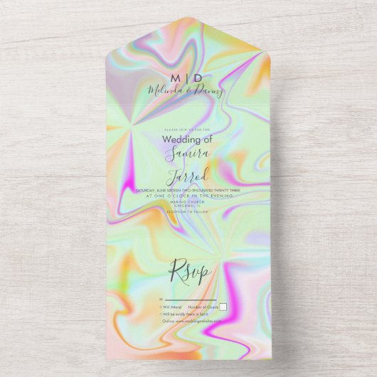 Abstract kleurrijk vloeibaar huwelijk all in one uitnodiging (Binnen)