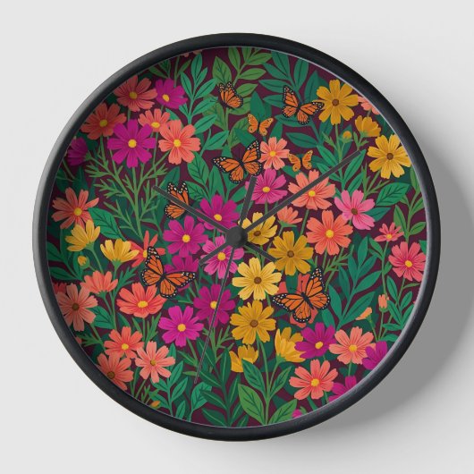 Abstract Kleurrijke Boho Cosmos Bloemen Kunst Klok (Voorkant)