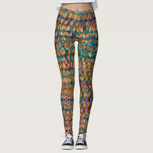 Abstract Kleurrijke Geometrische Patchwork Leggings (Voorkant)