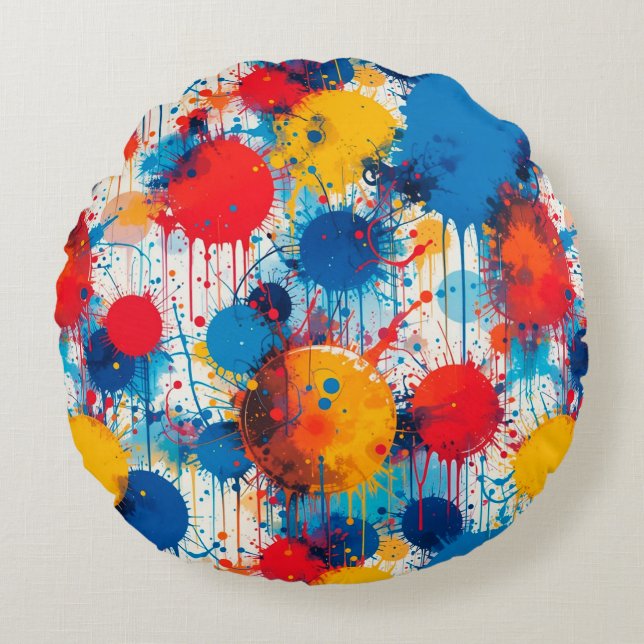 Abstract Kleurrijke Spat-art Rond Kussen (Voorkant)
