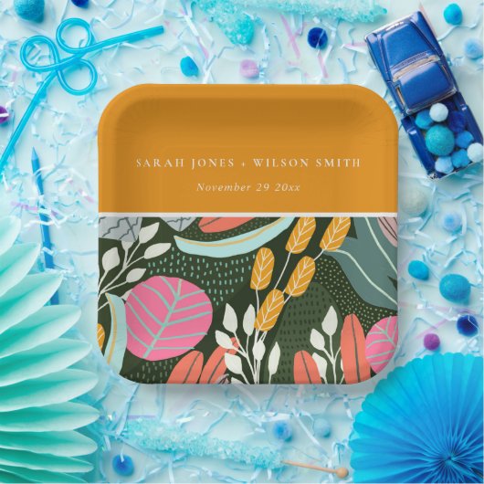 Abstract Kleurrijke Tropische Botanische Trouwdag Papieren Bordje (Feest)