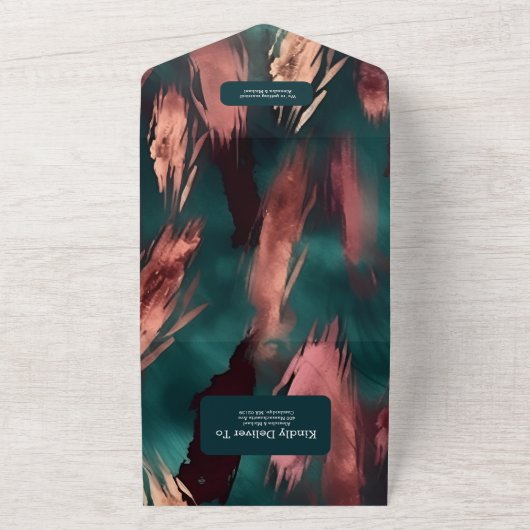 Abstract koper donkergroen stoffig roze bruiloft all in one uitnodiging (Buitenkant)