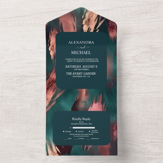 Abstract koper donkergroen stoffig roze bruiloft all in one uitnodiging (Binnen)