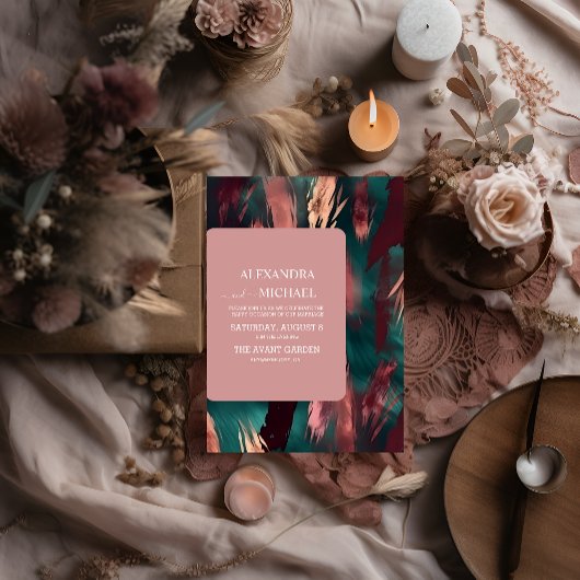 Abstract koper donkergroen stoffig roze bruiloft kaart