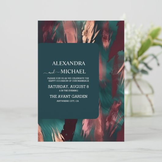 Abstract koper donkergroen stoffig roze bruiloft kaart (Staand voorkant)