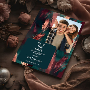 Abstract koper donkergroen stoffig roze bruiloft save the date