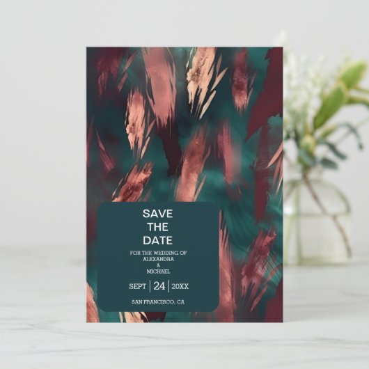 Abstract koper donkergroen stoffig roze bruiloft save the date (Staand voorkant)