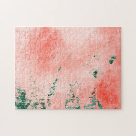 Abstract koraal en groene waterverf schilderij legpuzzel