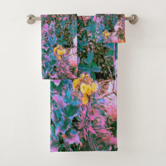 Abstract koraal, roze groene en aqua tuinblad bad handdoek