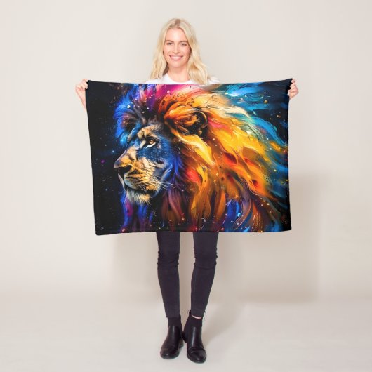 Abstract Kosmisch Wilde Leeuw Portret Fleece Deken (In situ)