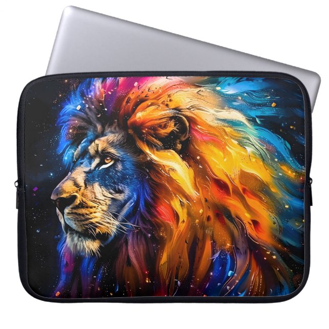 Abstract Kosmisch Wilde Leeuw Portret Laptop Sleeve (Voorkant)