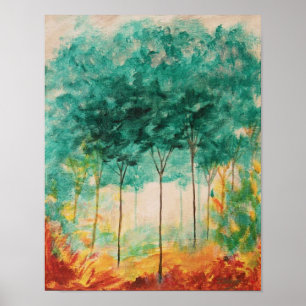 Abstract Kunst Landschap Bomen Schilderij, Teal, G Poster
