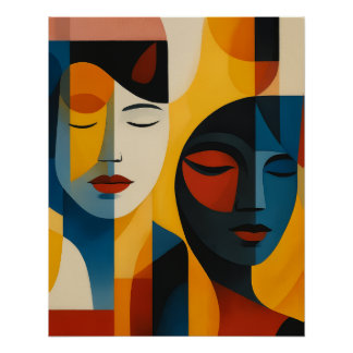 Abstract Kunstprint met Gezichten, Dubbel Portret, Perfect Poster