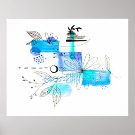 Abstract Kunstzwart Floral blauw en grijs Poster